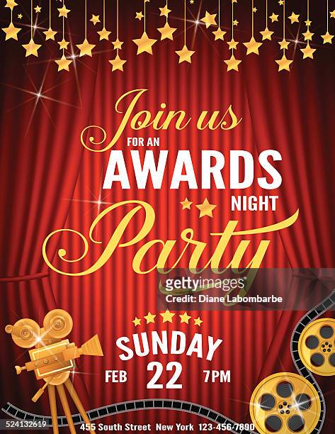 illustrazioni stock, clip art, cartoni animati e icone di tendenza di movie awards notte invito modello - awards red carpet