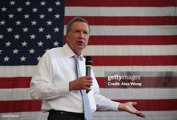 Republican presidential candidate and Ohio Governor John Kasich speaks during a campaign event April 25, 2016 in Rockville, Maryland. Governor Kasich...