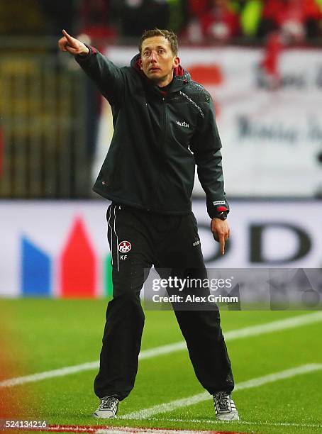 Head coach Konrad Fuenfstueck of Kaiserslautern reacts during the Second Bundesliga match between 1. FC Kaiserslautern and RB Leipzig at...