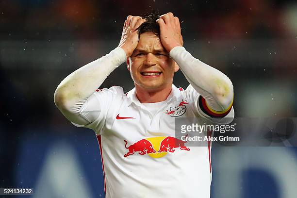 Dominik Kaiser of Leipzig reacts during the Second Bundesliga match between 1. FC Kaiserslautern and RB Leipzig at Fritz-Walter-Stadion on April 25,...