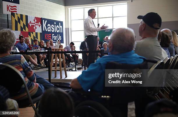 Republican presidential candidate and Ohio Governor John Kasich speaks during a campaign event April 25, 2016 in Rockville, Maryland. Governor Kasich...