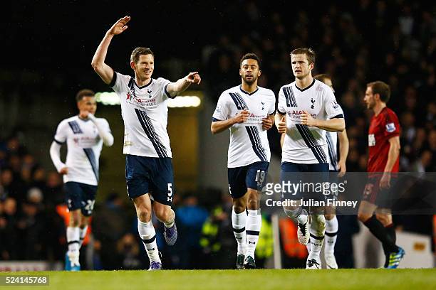 Jan Vertonghen of Tottenham Hotspur celebrates after his shot deflects for the opening goal during the Barclays Premier League match between...