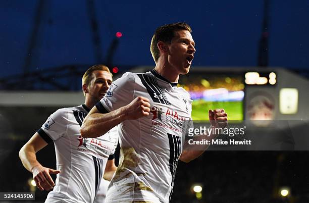Jan Vertonghen of Tottenham Hotspur celebrates as Craig Dawson of West Bromwich Albion scores an own goal for their first goal during the Barclays...