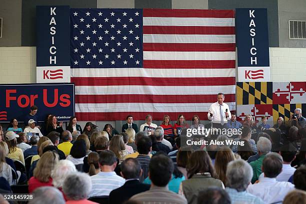 Republican presidential candidate and Ohio Governor John Kasich speaks during a campaign event April 25, 2016 in Rockville, Maryland. Governor Kasich...