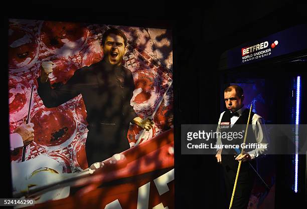 Barry Hawkins of England walks out for his second round match against Ronnie O'Sullivan of England on day ten of the World Snooker Championship at...