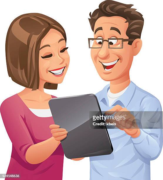 man and woman using digital tablet - couple travel tablet stock illustrations