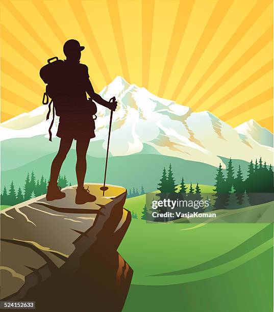 ilustraciones, imágenes clip art, dibujos animados e iconos de stock de hermosa y a la montaña de excursionistas - montañismo