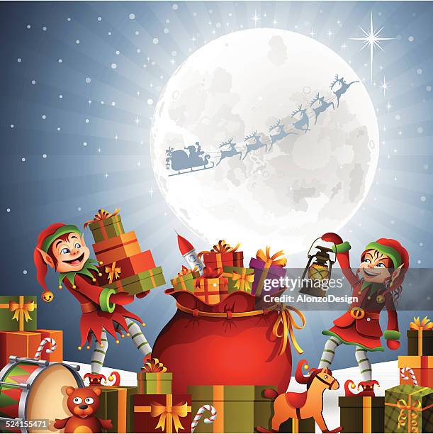 christmas elves - holding lantern stock illustrations