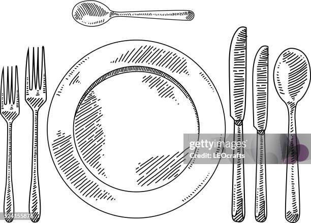 bildbanksillustrationer, clip art samt tecknat material och ikoner med place setting drawing - bestick