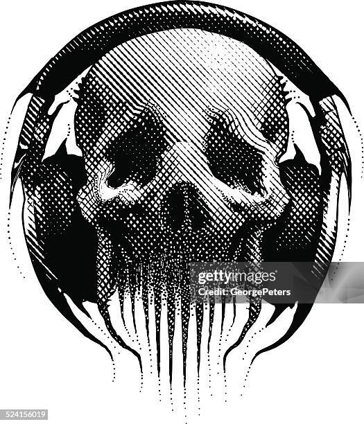 alien hipster mit totenkopf und kopfhörer hören - psychedelic rock music stock-grafiken, -clipart, -cartoons und -symbole