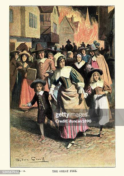 people fleeing the great fire of london - great fire of london stock illustrations