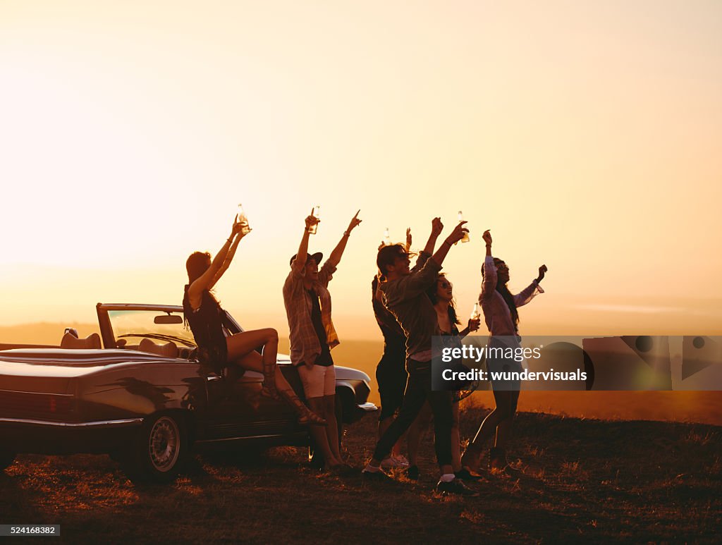 Road trip Friends partying outdoor on a summer evening