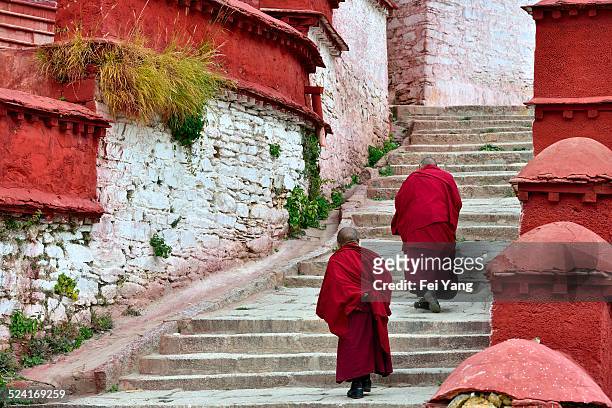 two monks walking in the monastery - lhasa stock pictures, royalty-free photos & images