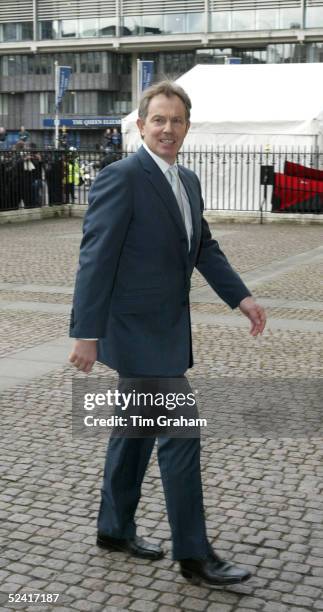 Britain's Prime Minister Tony Blair arrives for an Observance for Commonwealth Day 2005 service held at Westminster Abbey March 14, 2005 in central...