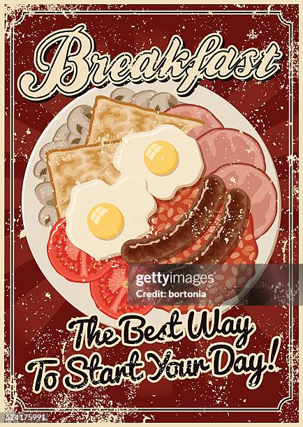 vintage screen printed breakfast poster - english breakfast top view stock illustrations