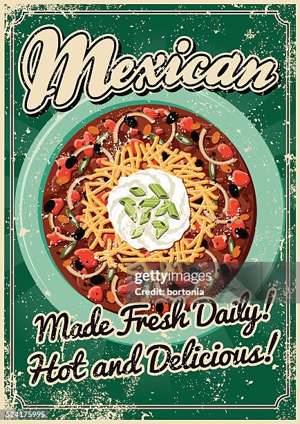 vintage-siebdruck-mexikanische küche poster - bowl of chili stock-grafiken, -clipart, -cartoons und -symbole