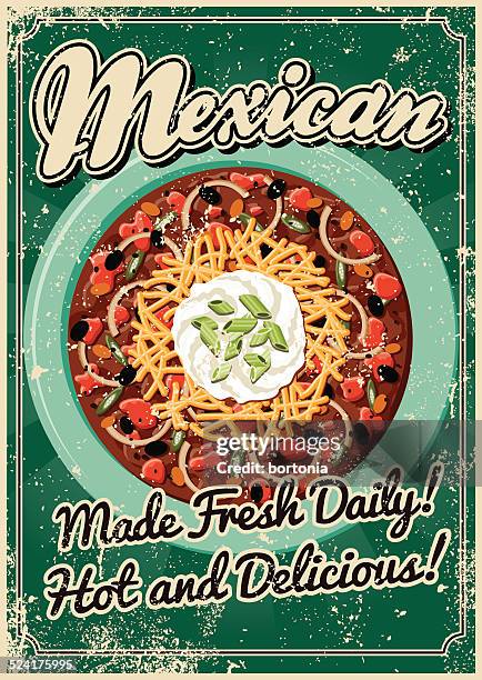 vintage screen printed mexican food poster - tostada bowl stock illustrations