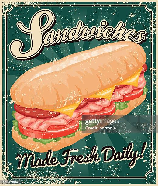 vintage screen printed sandwich poster - submarine sandwich stock illustrations