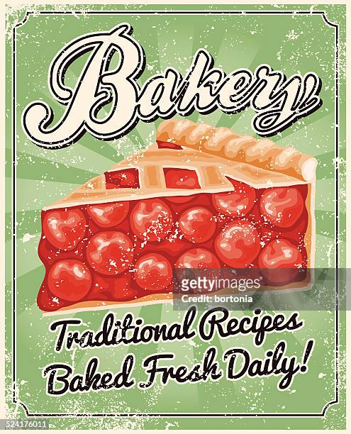 vintage screen printed bakery poster - cherry pie stock illustrations