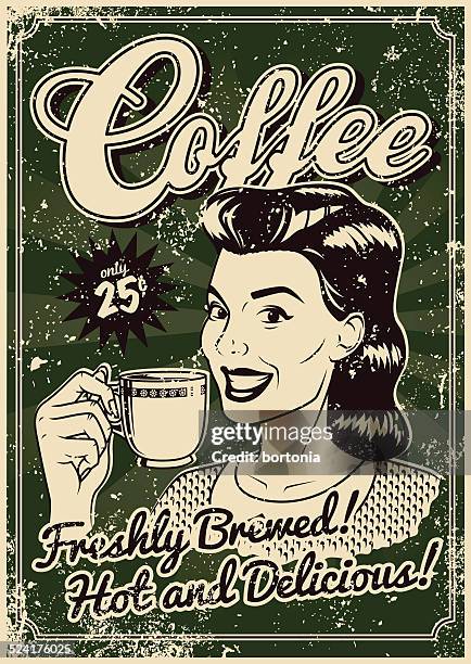 stockillustraties, clipart, cartoons en iconen met vintage screen printed coffee poster - hot drink