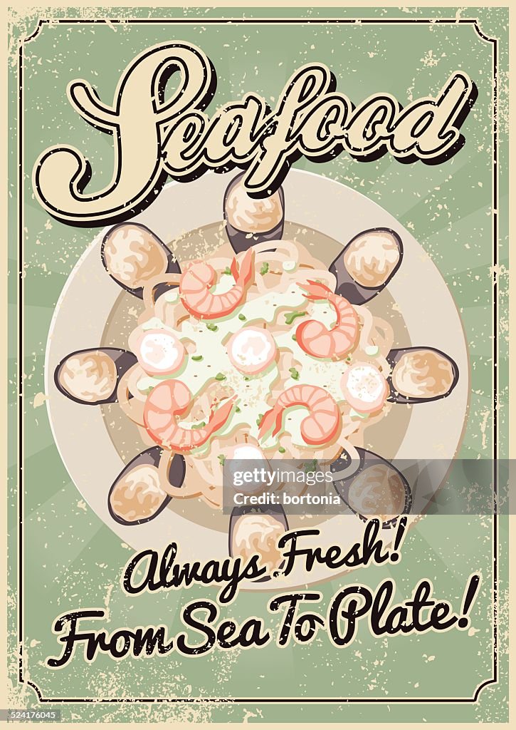 Vintage Screen Printed Seafood Poster
