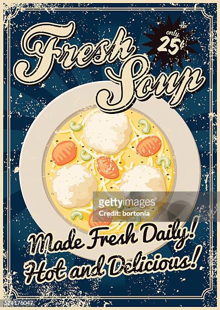 vintage screen printed soup poster - matzo ball soup stock illustrations