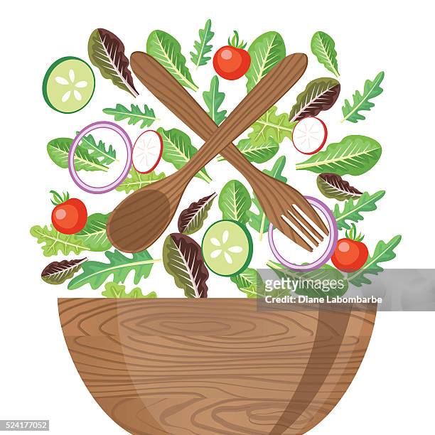 wood bowl of salad with flying vegetables - salad bowl stock illustrations