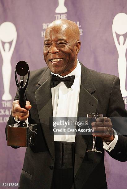 Inductee Buddy Guy poses backstage at the 20th Annual Rock And Roll Hall Of Fame Induction Ceremony at the Waldorf Astoria Hotel on March 14, 2005 in...