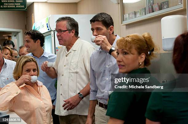 September 22, 2012 ILEANA ROS-LEHTINEN, JEB BUSH, PAUL RYAN, LOURDES ALCERRO-WAITRESS. Republican Paul Ryan Campaigns At Versailles Restaurant