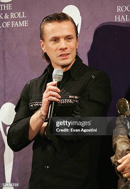 Inductee Larry Mullen Jr. Of the rock group U2 poses backstage at the 20th Annual Rock And Roll Hall Of Fame Induction Ceremony at the Waldorf...