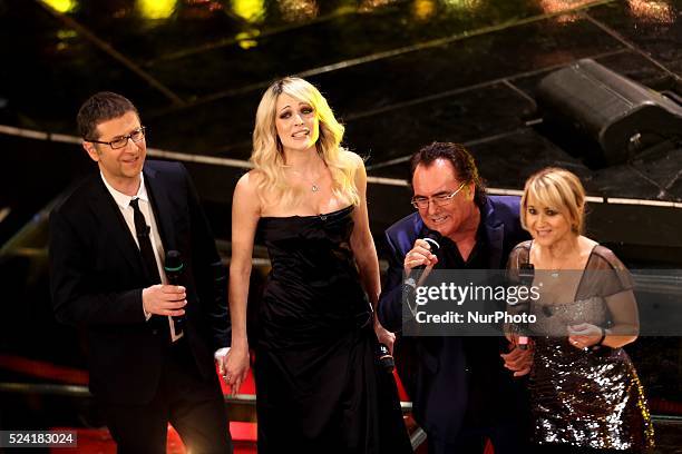 Fabio Fazio , Laura Chiatti , Albano and Luciana Littizzetto in Sanremo during day 3 of the Sanremo Italian Music Festival, on February 14, 2013....