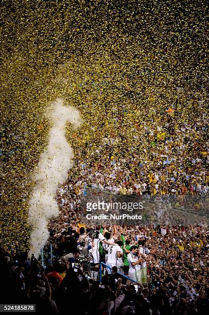 Germany team celebration in match between Germany and Argentina, corresponding to the 2014 World Cup final, played at the Maracana Stadium, July 13,...