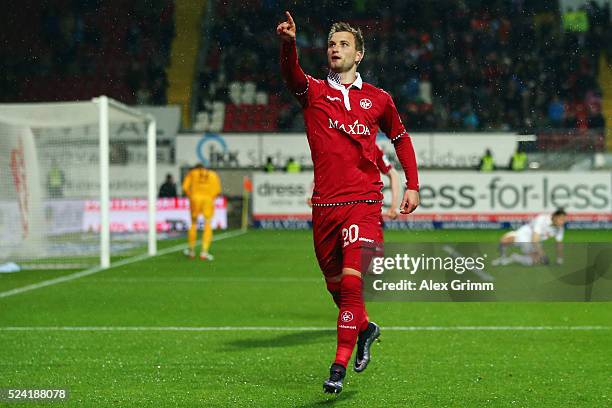 Kacper Przybylko of Kaiserslautern celebrates his team's first goal during the Second Bundesliga match between 1. FC Kaiserslautern and RB Leipzig at...