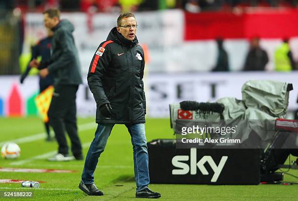 Head coach Ralf Rangnick of Leipzig reacts during the Second Bundesliga match between 1. FC Kaiserslautern and RB Leipzig at Fritz-Walter-Stadion on...