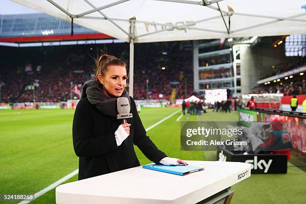 Sport1 TV presenter Laura Wontorra during the Second Bundesliga match between 1. FC Kaiserslautern and RB Leipzig at Fritz-Walter-Stadion on April...