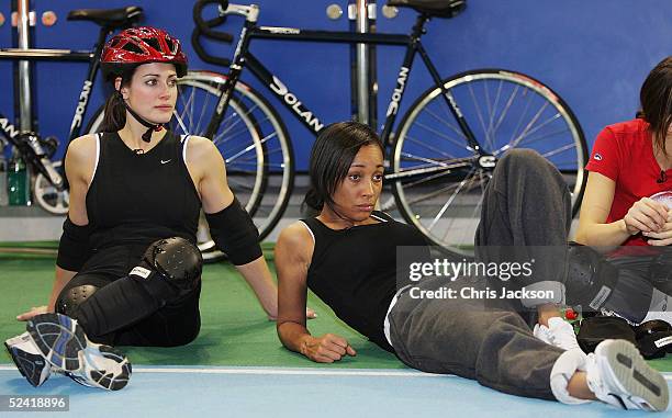 Kirsty Gallacher and Lisa Maffia relax during a cycling training session ahead of the new series of the reality TV show The Games at the English...