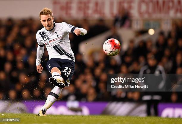 Christian Eriksen of Tottenham Hotspur shoots from a free kick during the Barclays Premier League match between Tottenham Hotspur and West Bromwich...