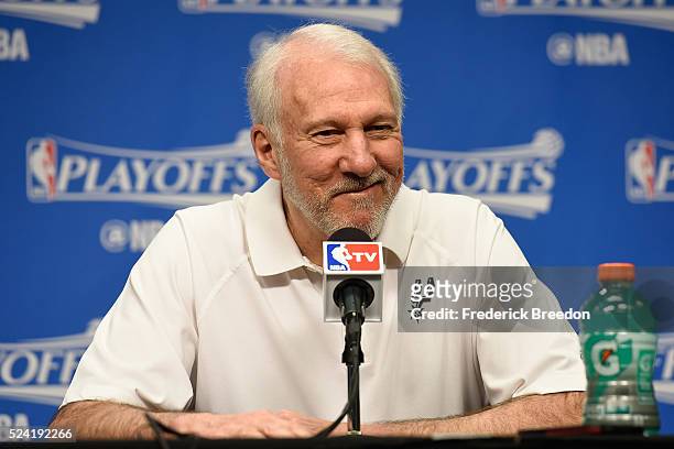 Head coach Gregg Popovich of the San Antonio Spurs speaks to the media prior to game three of the Western Conference Quarterfinals against the...