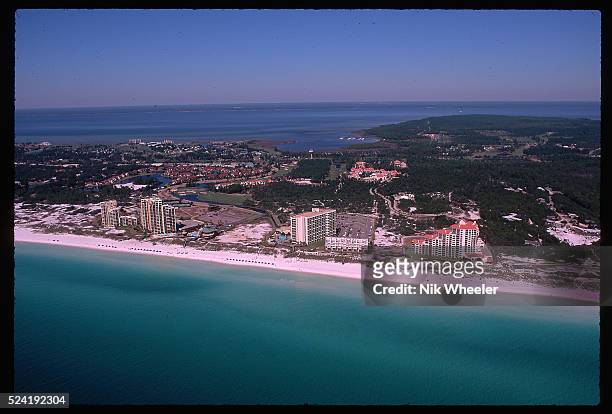An aerial view of the Florida Panhandle city of Destin, overlooking the Gulf of Mexico.