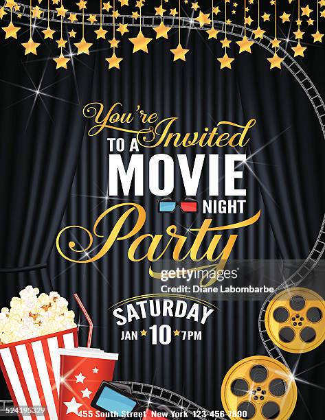 bildbanksillustrationer, clip art samt tecknat material och ikoner med movie night party invitation template with black curtain and film - movie poster