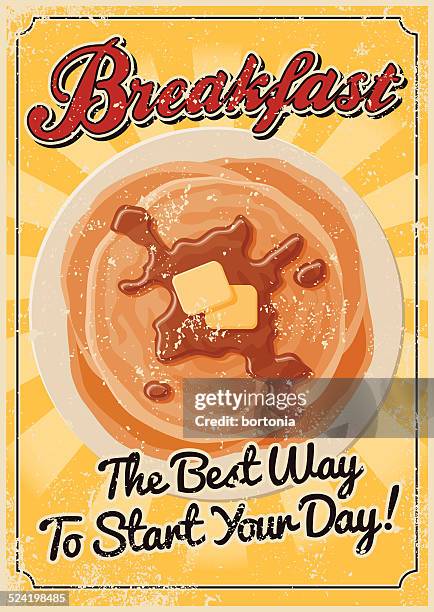 ilustraciones, imágenes clip art, dibujos animados e iconos de stock de cartel vintage serigrafiado desayuno - crep