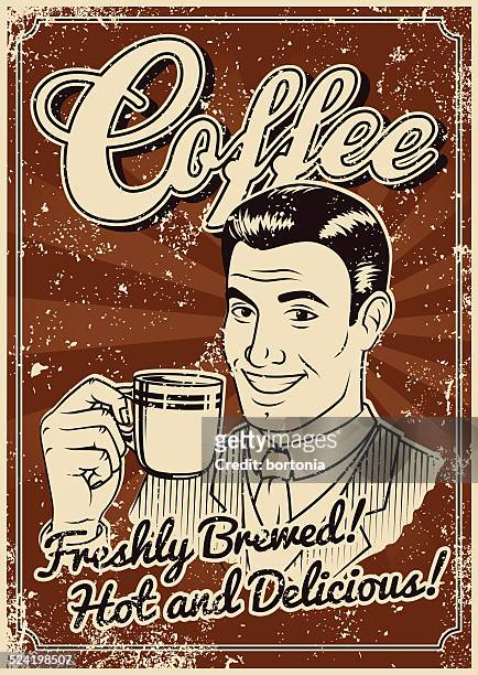 stockillustraties, clipart, cartoons en iconen met vintage screen printed coffee poster - hot drink