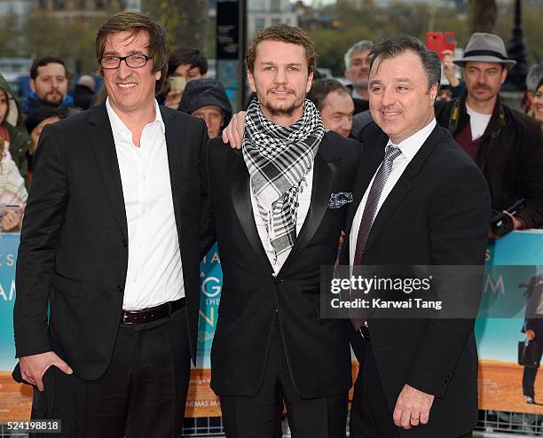 Producers Uwe Schott, Arcadiy Golubovich and Tim O'Hair arrive for the UK premiere of "A Hologram For The King" at BFI Southbank on April 25, 2016 in...