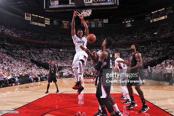 Maurice Harkless of the Portland Trail Blazers dunks against the Los Angeles Clippers in Game Three of the Western Conference Quarterfinals during...