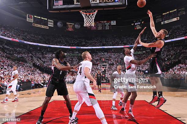 Blake Griffin of the Los Angeles Clippers shoots against Al-Farouq Aminu of the Portland Trail Blazers in Game Three of the Western Conference...