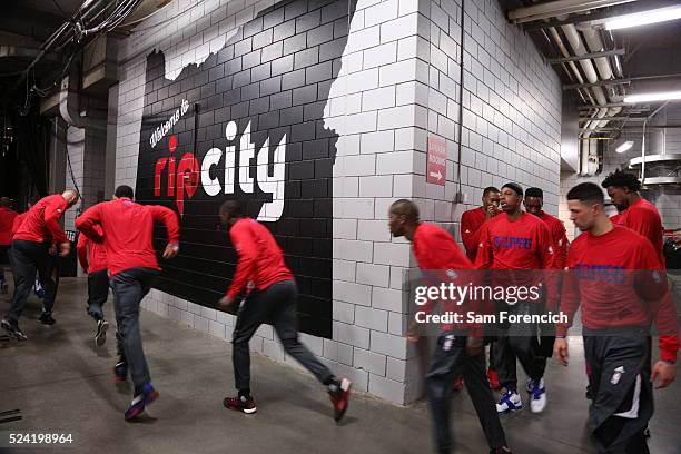 The Los Angeles Clippers runs out prior to the game against the Portland Trail Blazers in Game Three of the Western Conference Quarterfinals during...