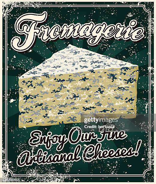 vintage screen printed cheese poster - blue cheese stock illustrations