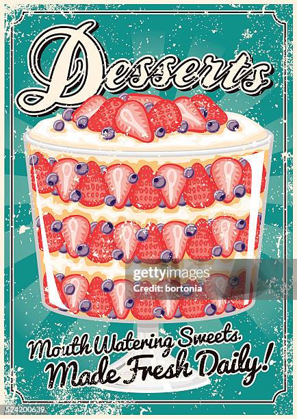 vintage screen printed dessert poster - custard stock illustrations