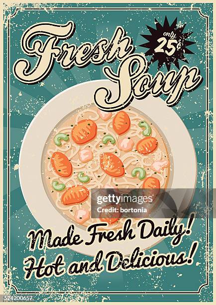 vintage screen printed soup poster - chicken soup stock illustrations