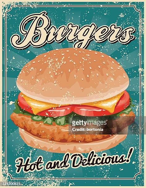 bildbanksillustrationer, clip art samt tecknat material och ikoner med vintage screen printed burger poster - sesam